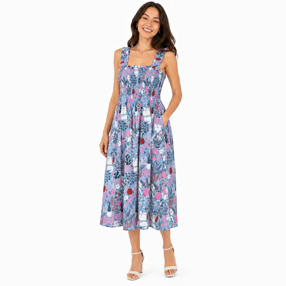 Kate Spade Womens Dress Small Blue Cat Print Smocked Midi Sundress Cottagecore